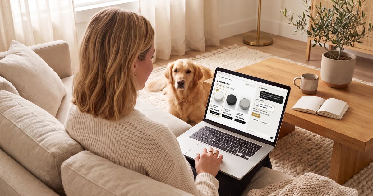A woman on a sofa uses a webshop and an AI assistant on her laptop to find a robot vacuum for her dog, while a golden retriever lies on the rug beside her.